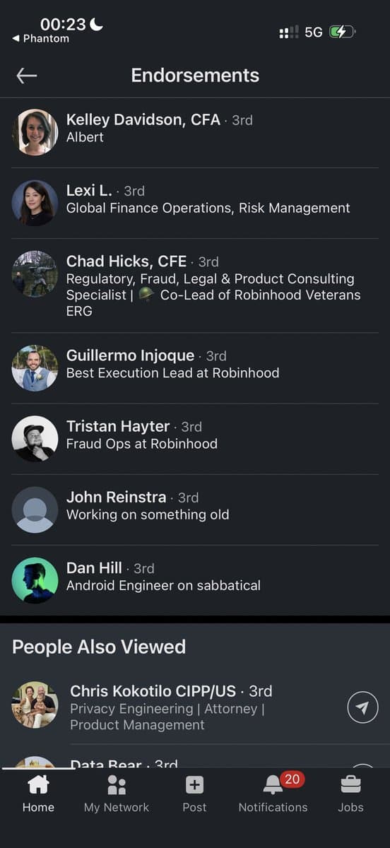 Screenshot of LinkedIn endorsements on the RH Rocket profile from Robinhood employees